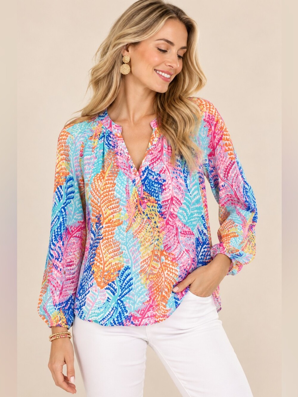 Lilly Pulitzer Women’s 100% SILK Popover Electric Feel LS Elsa Top 41773 SMALL